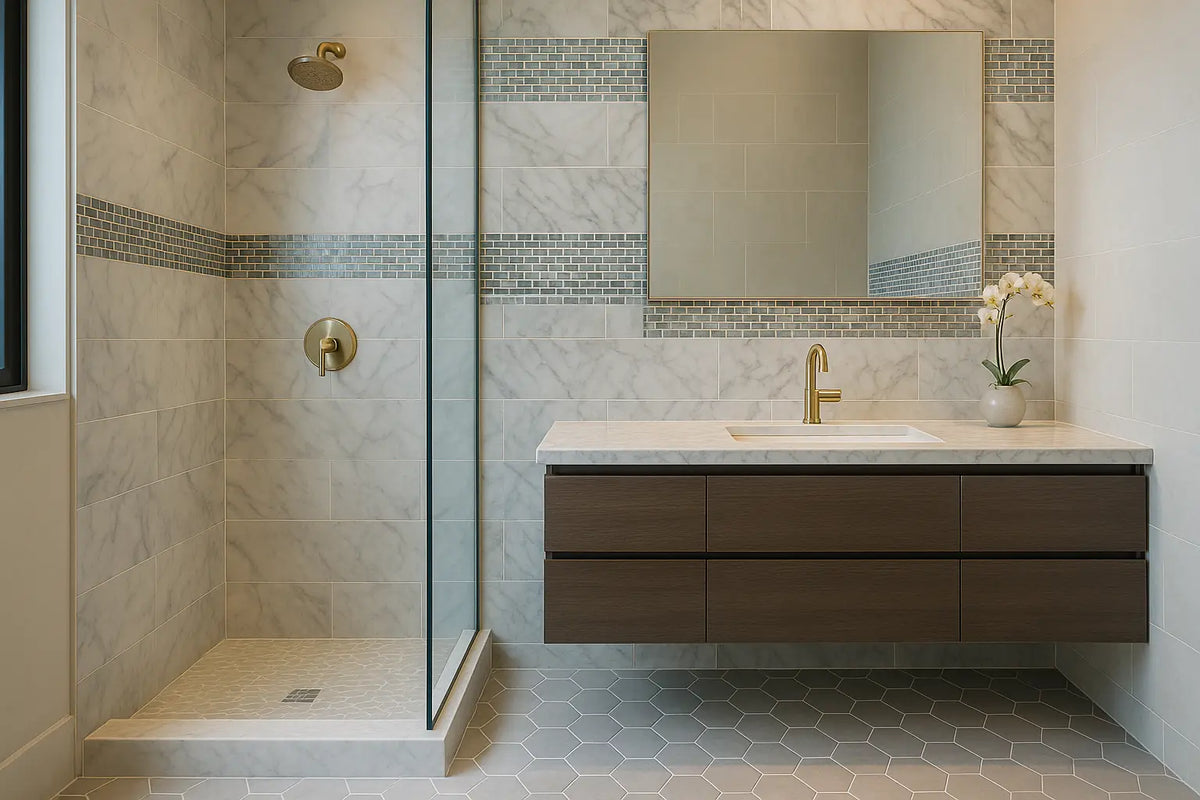 Contemporary bathroom with a hexagon mosaic tile floor, marble tile shower and wood vanity