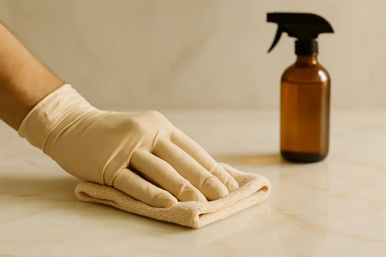 Gloved hand cleaning marble surface with cloth and spray .