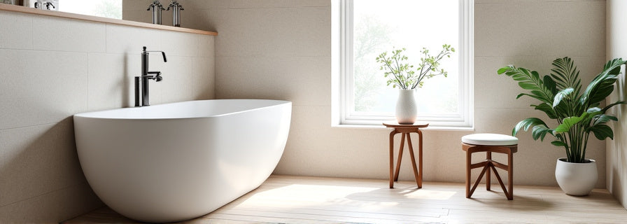 Beige bathroom tiles in a modern space with a white freestanding tub.