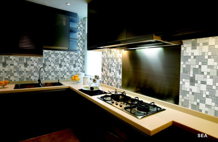 Glass mosaic tile kitchen backsplash