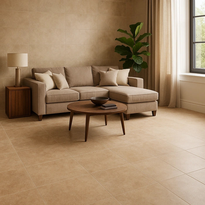 Arbia Sand Matte 48 x 48 porcelain tiles in living room.
