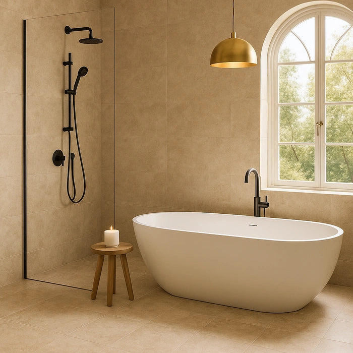 Arbia Sand Matte 24 x 48 porcelain tiles in bathroom.