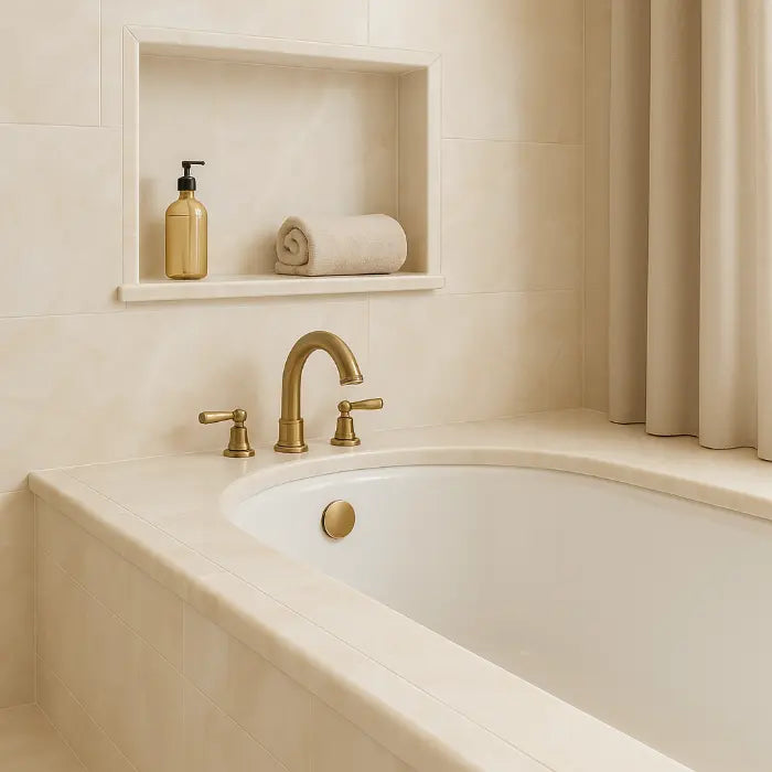 Akoya Ivory Matte Bullnose 3 x 24 porcelain tiles in modern bathroom.
