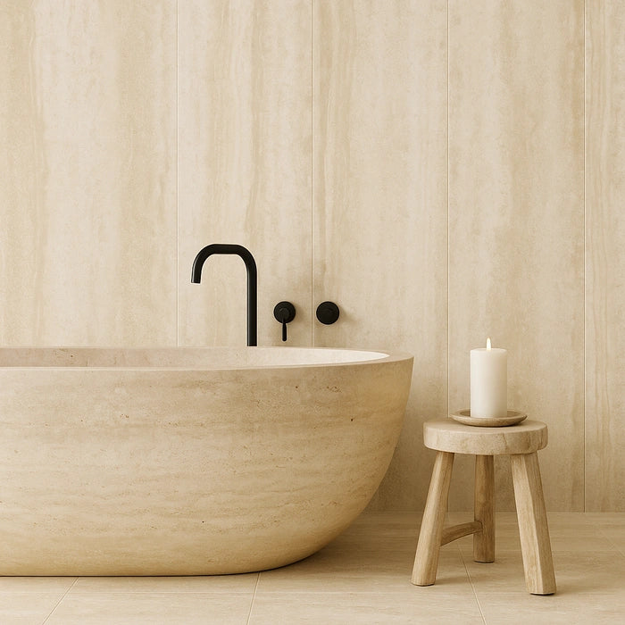 Appia Vein Cut Beige Polished 12 x 24 porcelain tiles in bathroom.
