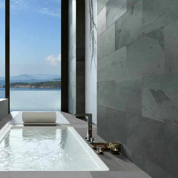 Brazilian Grey slate tile wall installation