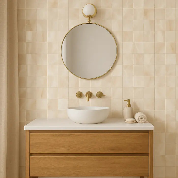 Akoya Ivory Matte Mosaic 12 x 12 porcelain tiles in modern bathroom vanity.