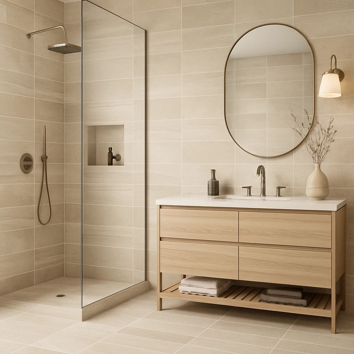 Artwork Corian 18 x 36 porcelain tiles in bathroom.