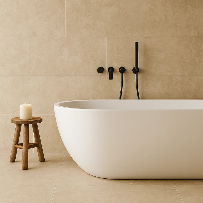 Appia Cross Cut Beige Polished 24 x 48 porcelain tiles in bathroom.