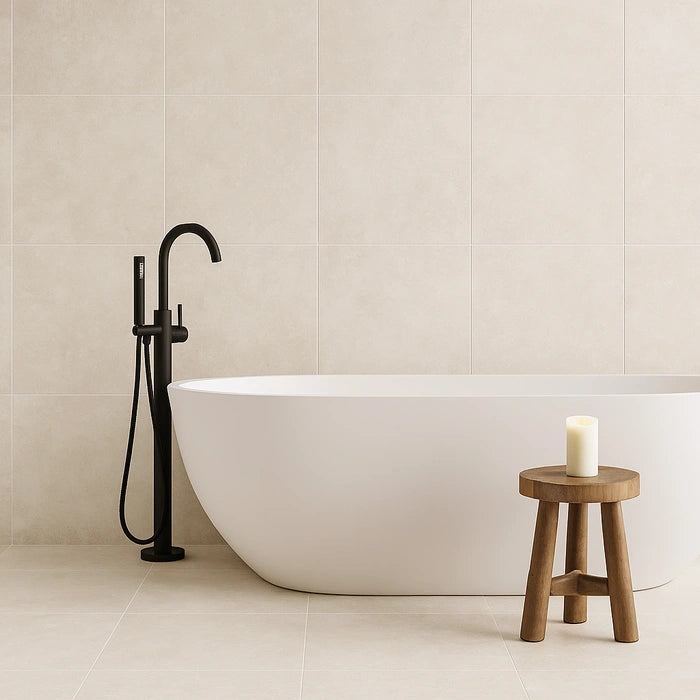Appia Cross Cut White Matte 24 x 48 porcelain tiles in bathroom.