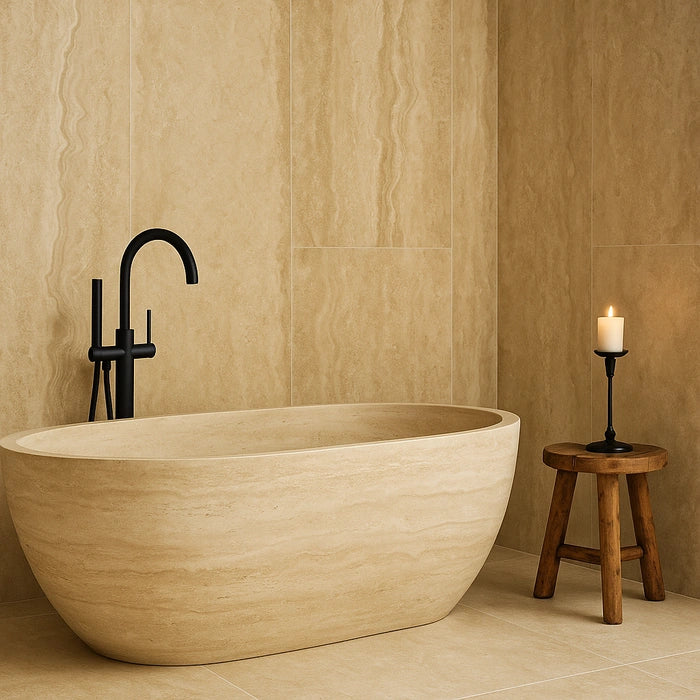 Appia Vein Cut Beige Matte 12 x 24 porcelain tiles in bathroom.