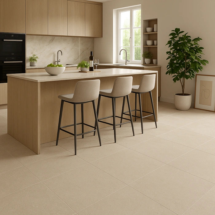 Authentic Luxe Stone Chablis 24 x 48 porcelain tiles in kitchen.