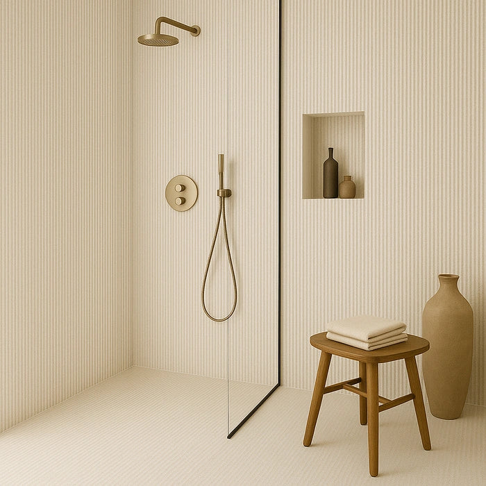 Biotech Crema Stone Cannette 24 x 48 Porcelain Tiles in bathroom.