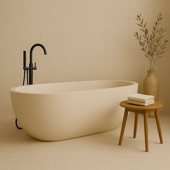 Biotech Crema Stone Nat 12 x 24 Porcelain Tiles in luxury Bathtub.