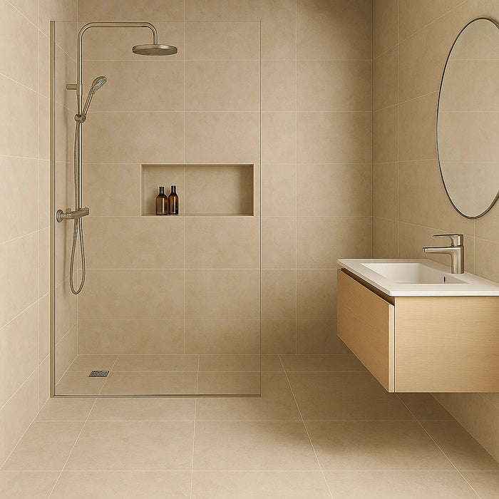 Biotech Crema Stone R+PTV 48 x 48 Porcelain Tiles in bathroom.