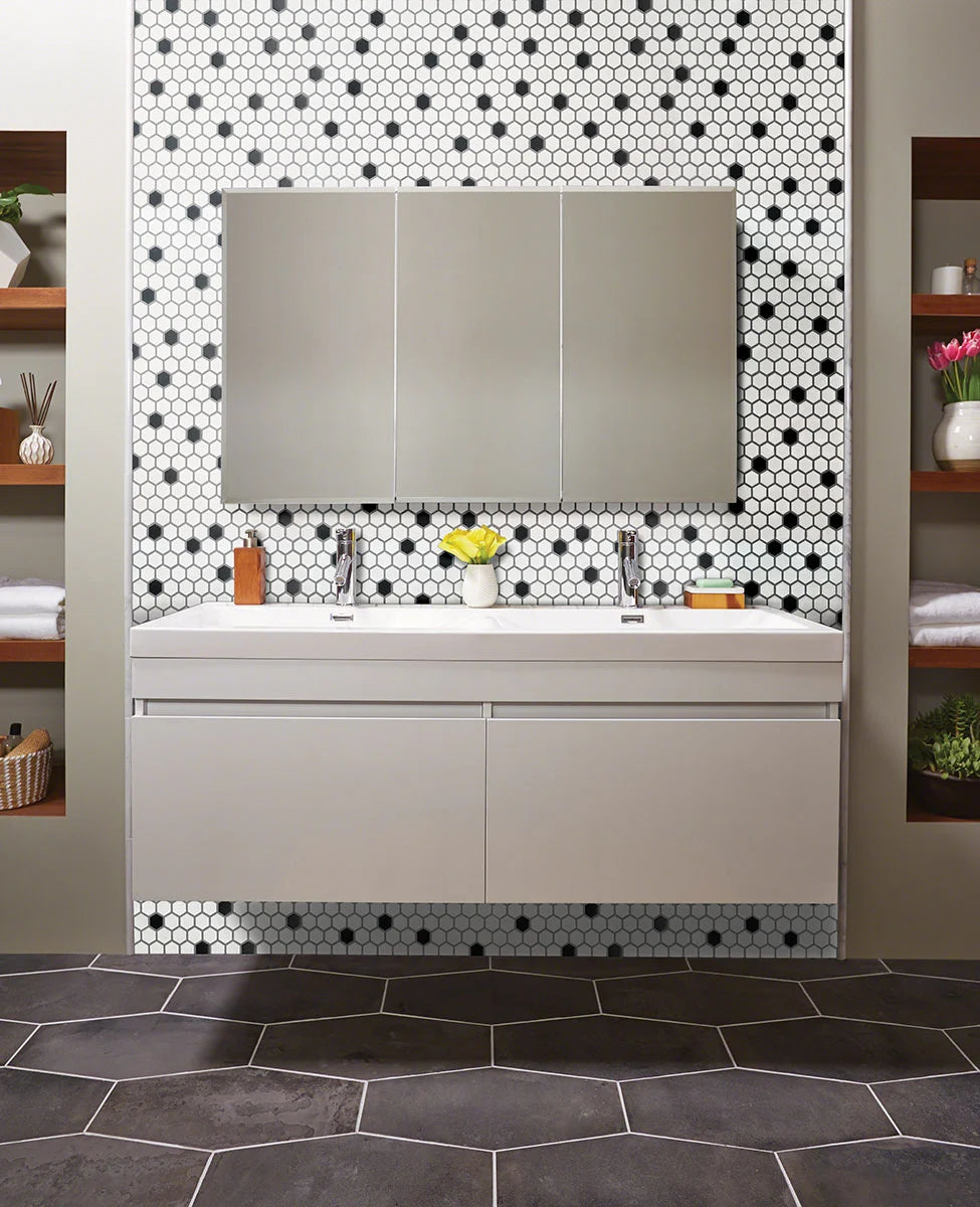 Black And White Hexagon Mosaic Tile wall in bathroom