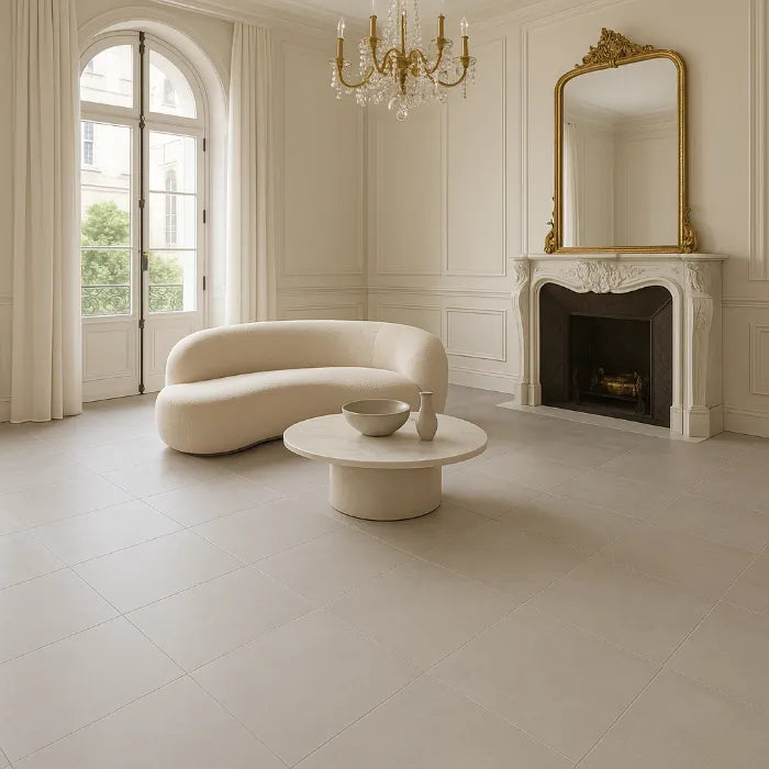 Babilon Arctic Polished 24 x 48 porcelain tiles in living room.