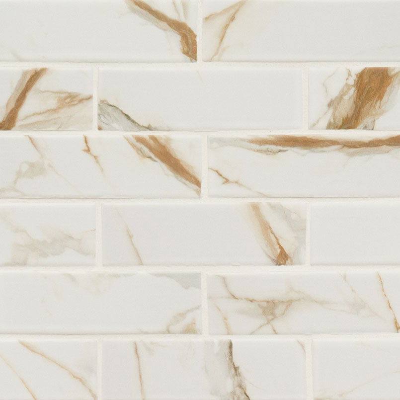 Calacatta Gold Matte 2"x6" 6mm Porcelain Mosaic Tile – Marble-Look Subway Tile for Backsplashes, Shower Walls & Elegant Feature Walls
