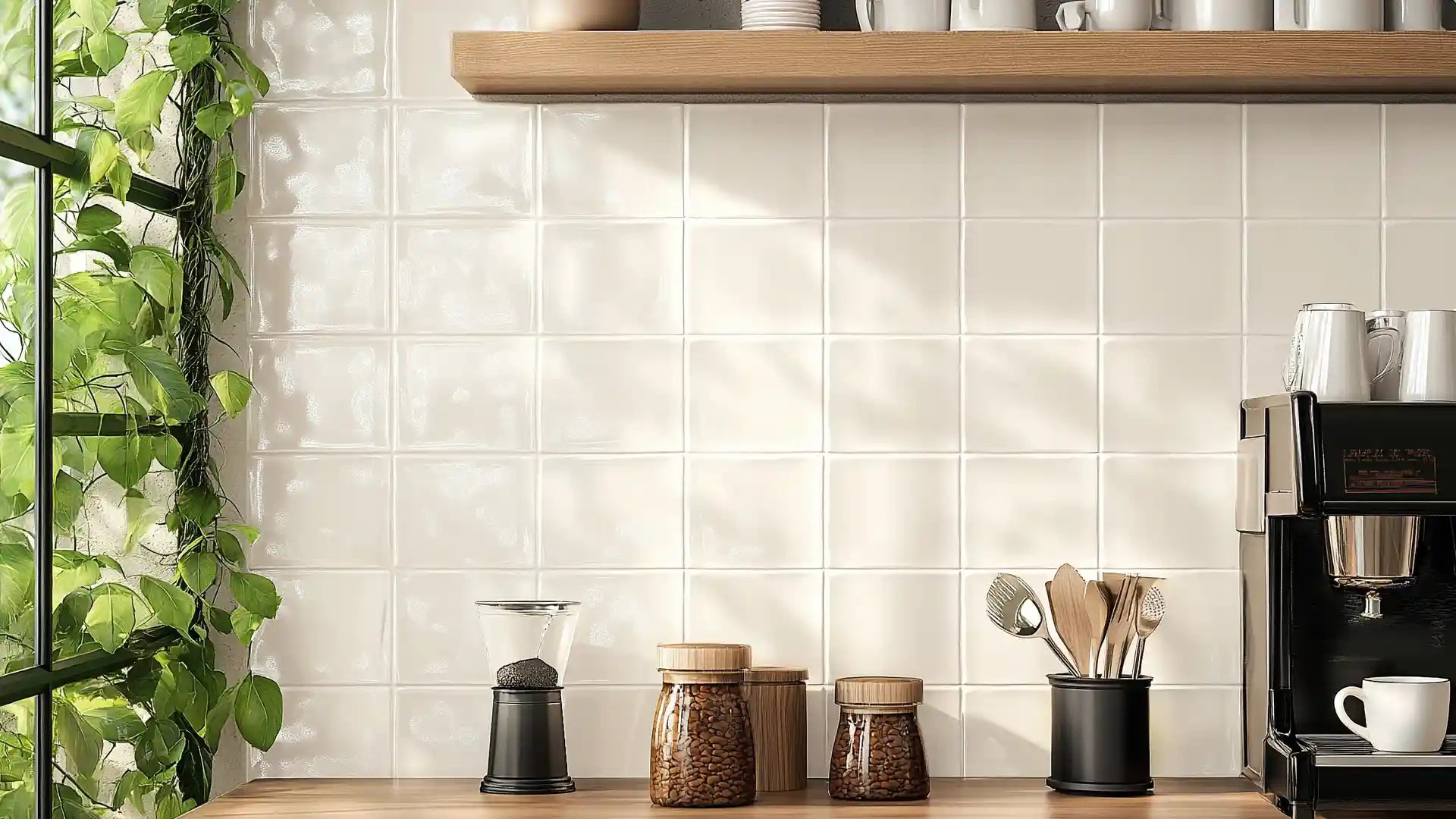Glossy white tile kitchen backsplash with coffee station and potted vine.