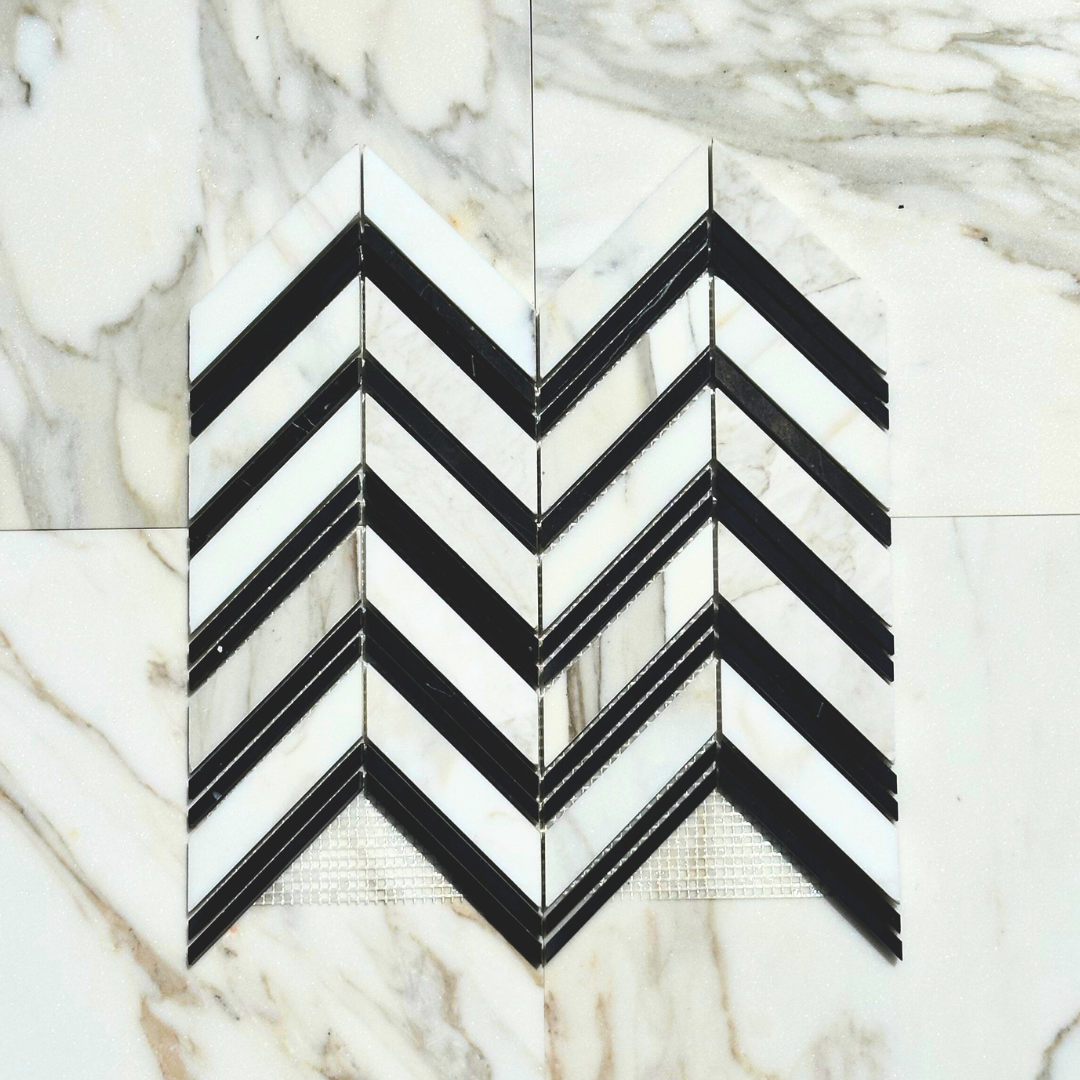 Calacatta Gold Marble Chevron with Black Mosaic