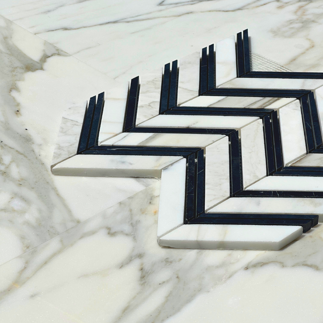 Calacatta Gold Marble Chevron with Black Mosaic