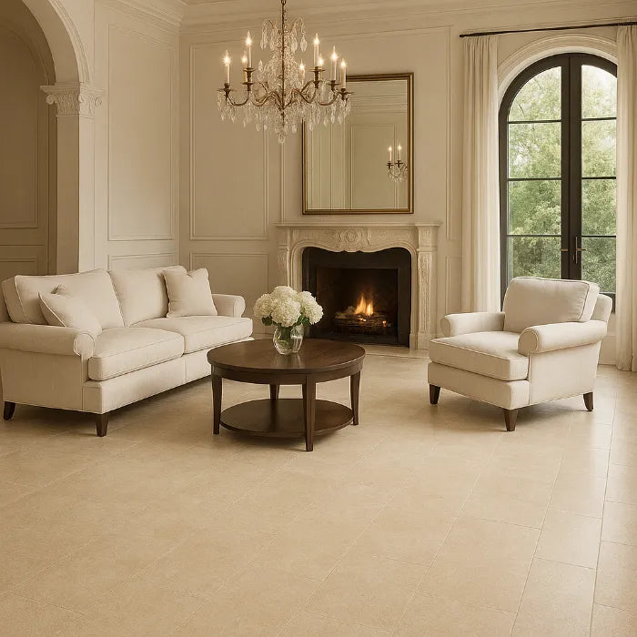 Authentic Luxe Stone Montpellier 24 x 48 porcelain tiles in living room.