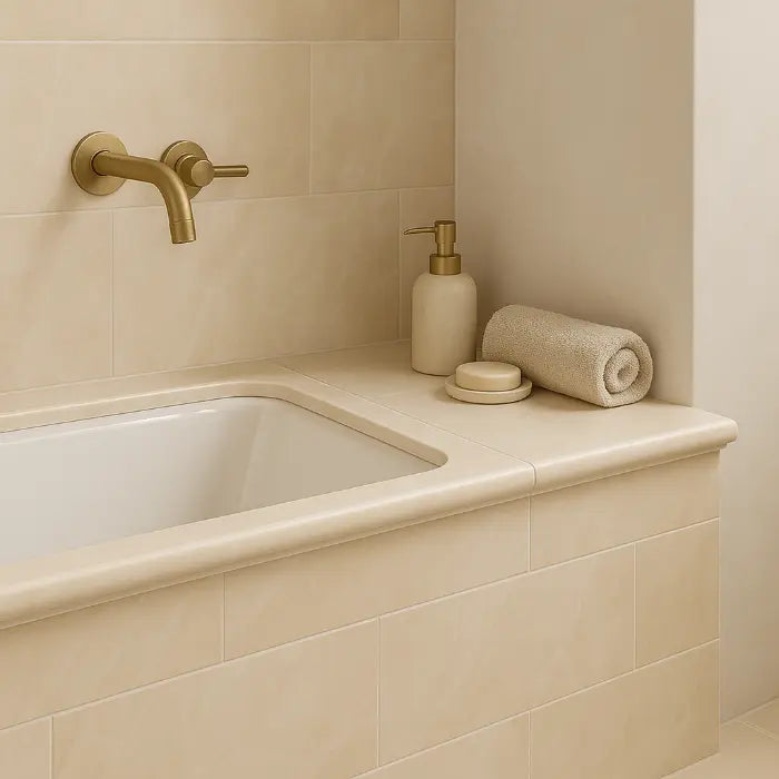 Akoya Ivory Polished Bullnose 3 x 24 porcelain tiles in modern bathtub.