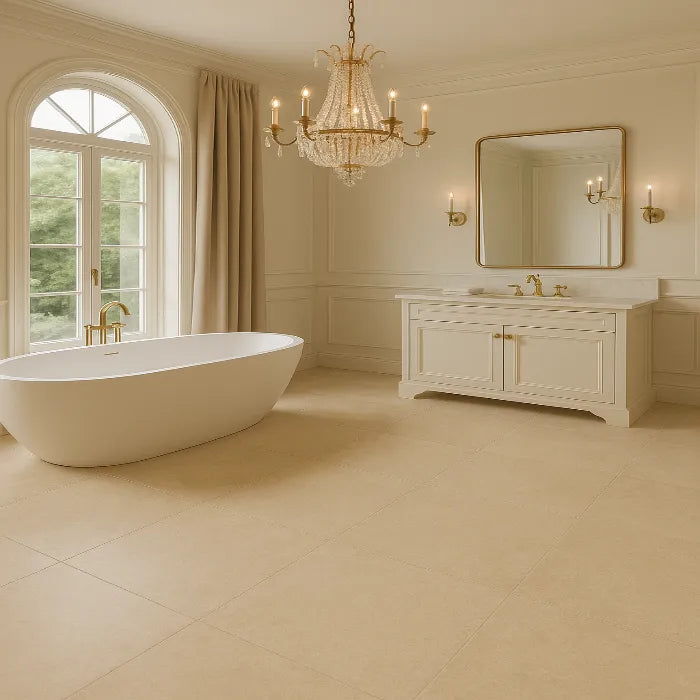 Authentic Luxe Stone Montpellier 48 x 48 porcelain tiles in bathroom.