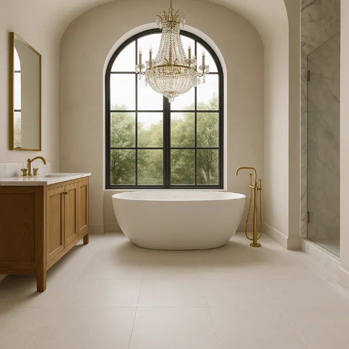 Babilon Arctic Polished 48 x 48 porcelain tiles in bathroom.