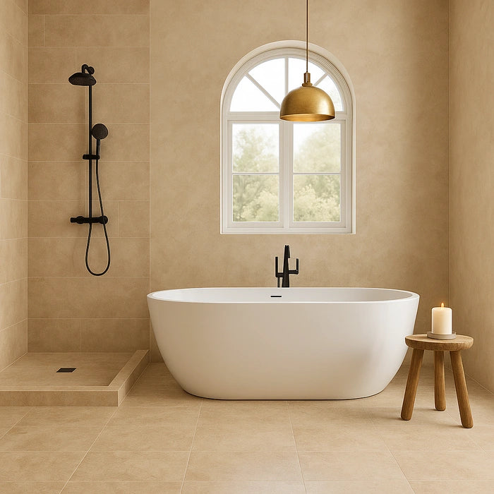 Arbia Sand Grip R11 24 x 48 porcelain tiles in luxury bathroom.