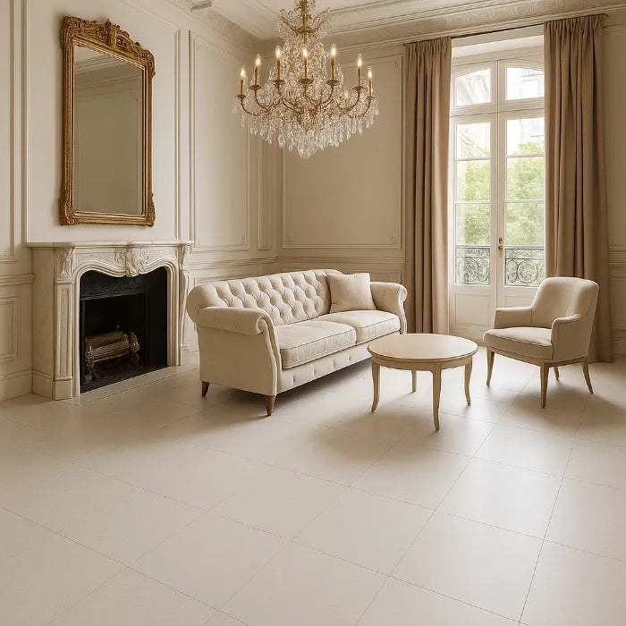 Babilon Arctic Matte 24 x 48 porcelain tiles in living room.