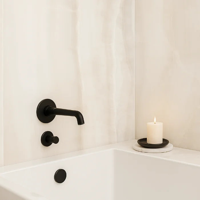 Akoya White Polished 24 x 48 porcelain tiles in bathroom.