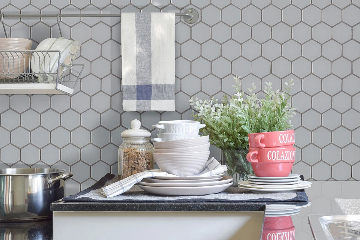 Retro Hexo Gray Matte Tile backsplash in kitchen