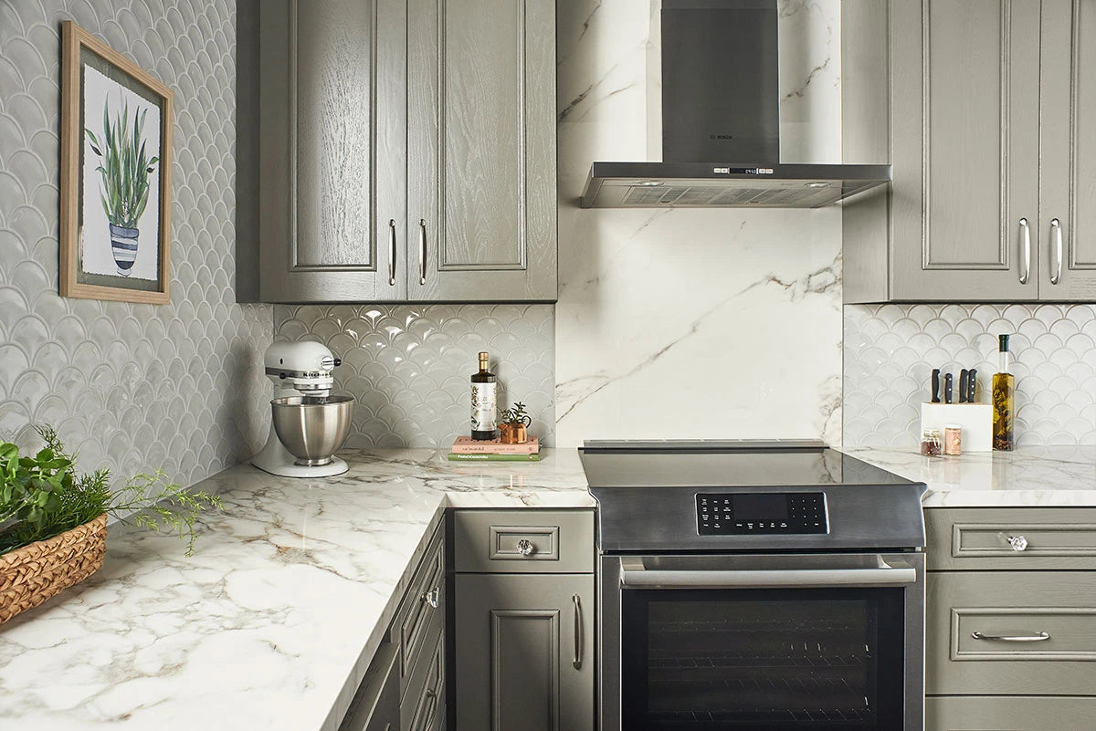 Gray Glossy Fish Scale Pattern Mosaic wall in kitchen
