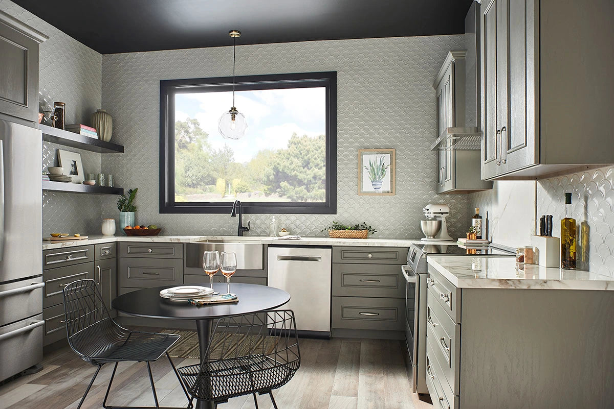 Gray Glossy Fish Scale Pattern Mosaic Tile wall in kitchen