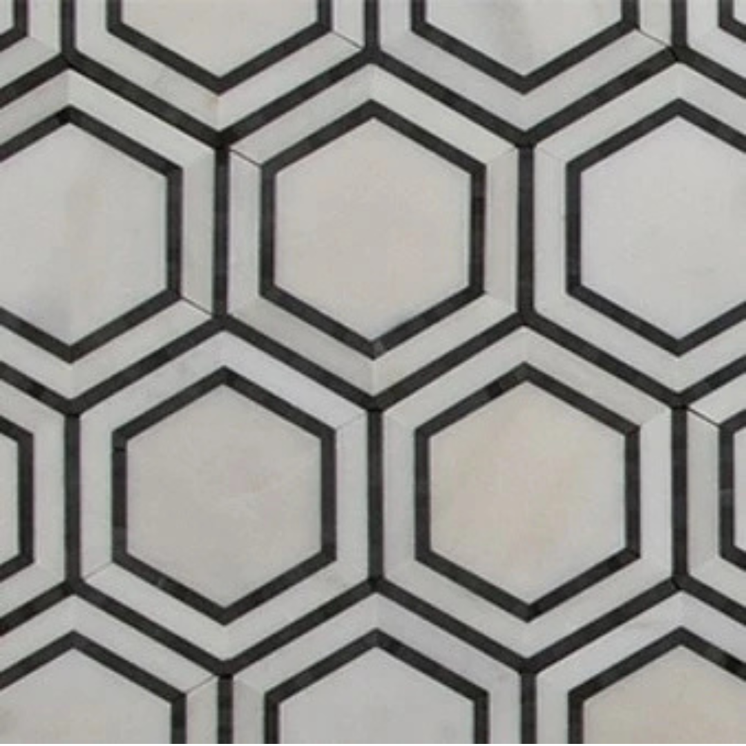 Asian Statuary Marble Hexagon 5" with Black Mosaic