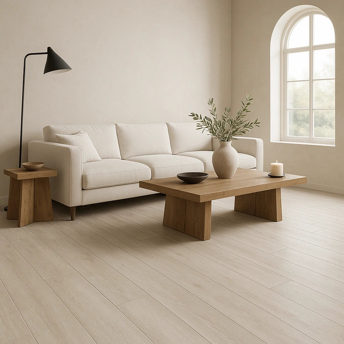 Living room with AR 10 - Bianco 8 x 48 wood-look tile flooring, beige sofa, oak coffee table, and arched window.
