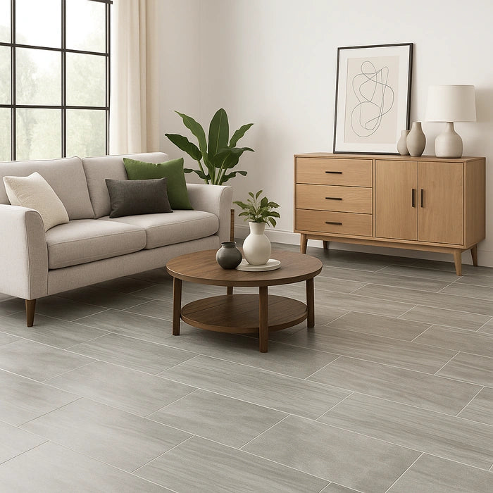 Artwork Platino 18 x 36 porcelain tiles in living room.