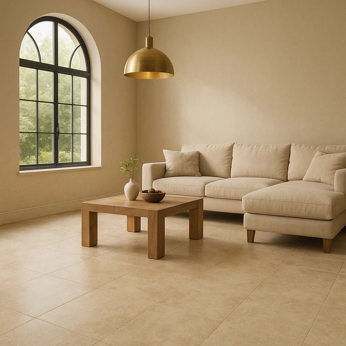 Living_room_with_arbia_ivory_matte_48_x_48_stone-look_tile_flooring_L-shaped_sofa_wood_coffee_table_arched_window_and_gold_pendant_light.