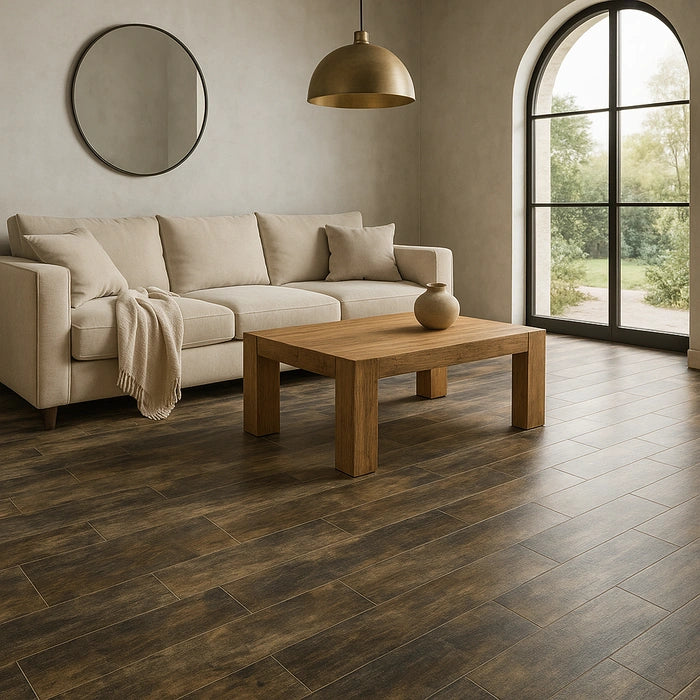 AR 8 - Black 8 x 48 porcelain tiles in living room.