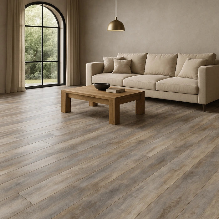 AR 5 - Gray 8 x 48 porcelain tiles in living room.