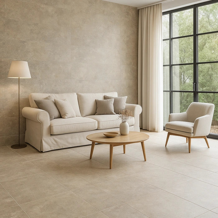 Luxurious bathroom featuring Beat Almond 48 x 48 tile flooring and modern fixtures