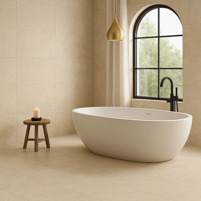 Arbia Ivory Grip R11 48 x 48 porcelain tiles in bathroom.