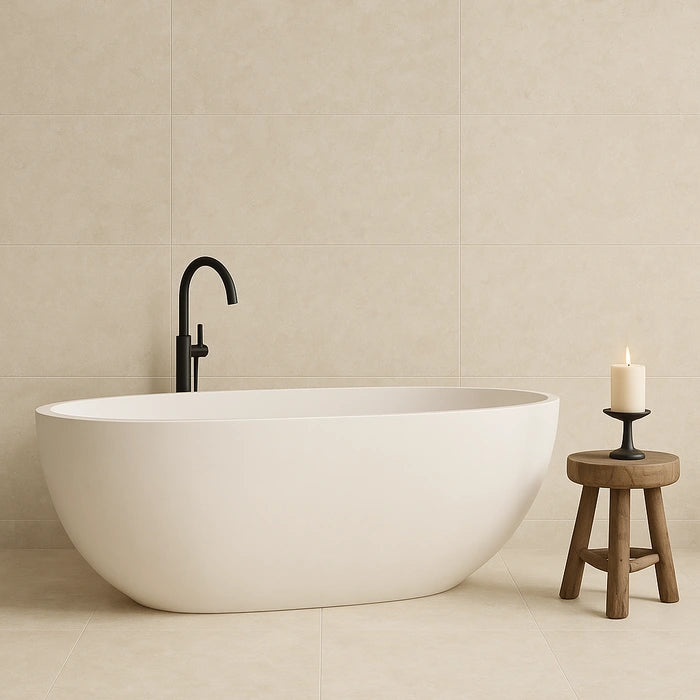 Appia Cross Cut Ivory Matte 24 x 48 porcelain tiles in bathroom.