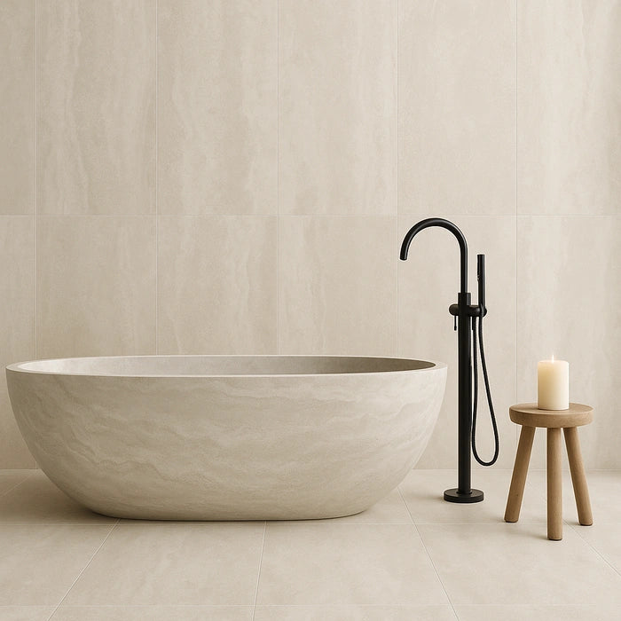 Appia Vein Cut White Matte 12 x 24 porcelain tiles in bathroom.