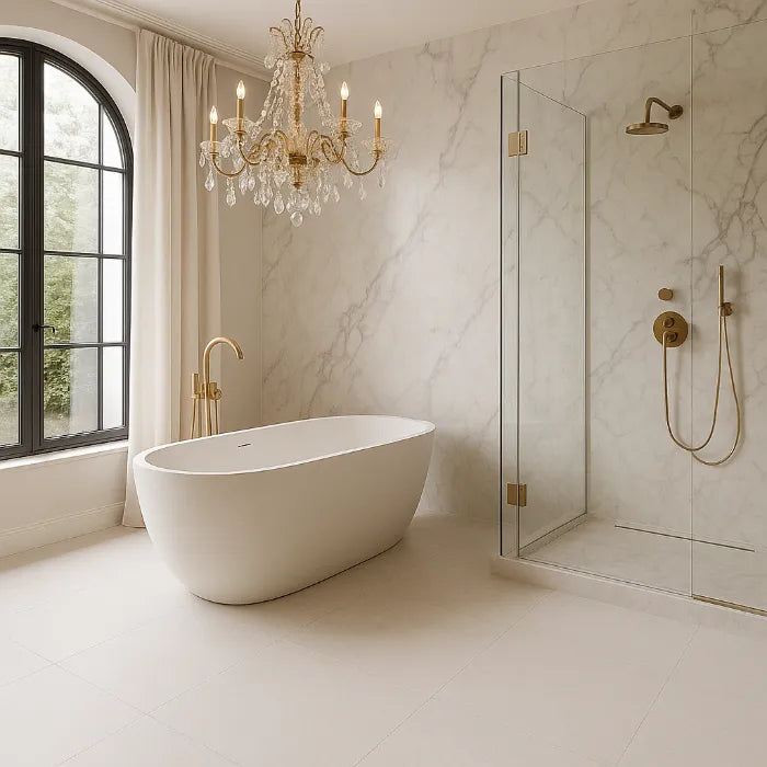 Babilon Arctic Polished 12 x 24 porcelain tiles in bathroom.