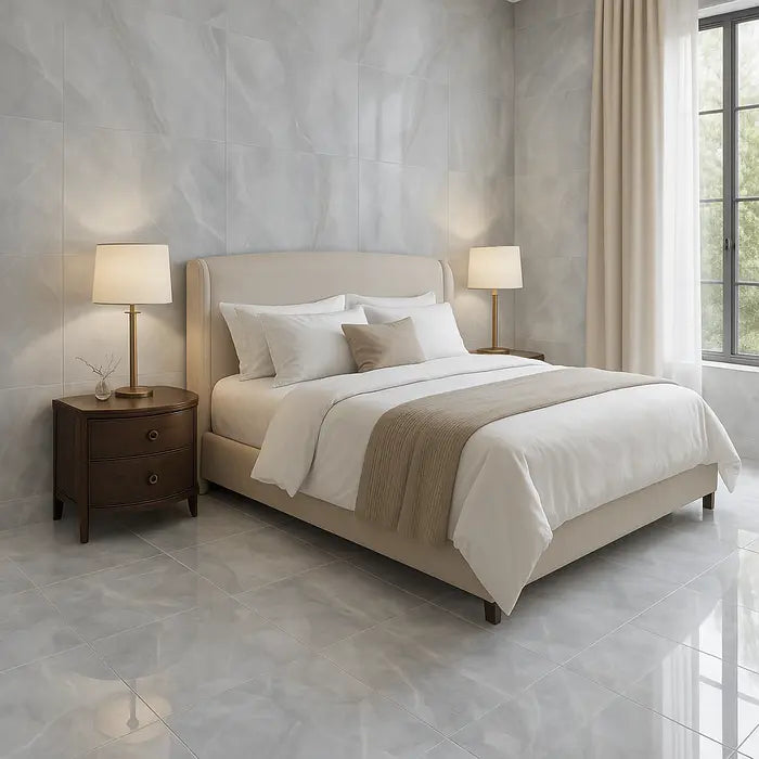 Akoya Silver Polished 12 x 24 porcelain tiles in living room.