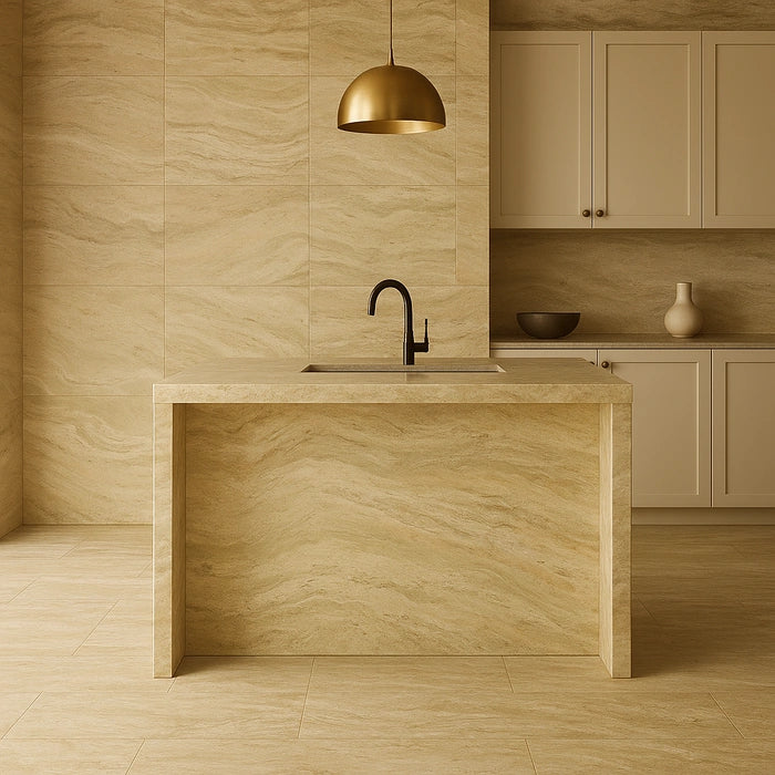 Andean Cream Polished 32 x 32 porcelain tiles in modern kitchen.