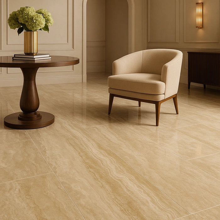 Appia Vein Cut Beige Polished 24 x 48 porcelain tiles in living room.
