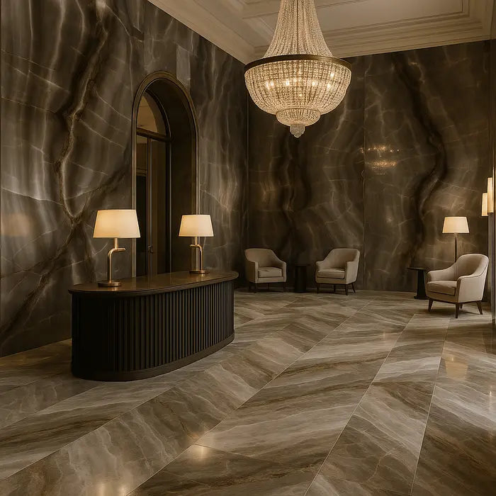 Akoya Ocean Matte 12 x 24 porcelain tiles in hotel lobby.