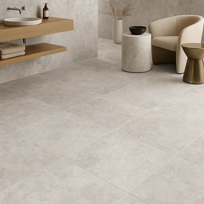 Luxury interior featuring elegant floor tiles in Beat White 24 x 24 for a clean modern aesthetic